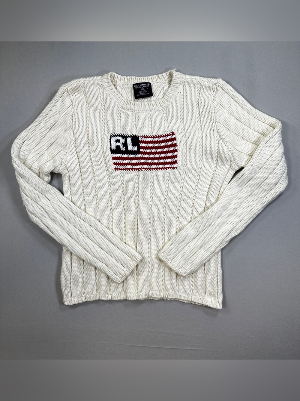 Polo Jeans Ralph Lauren L Cream Flag Knit Sweater 100% Cotton USA